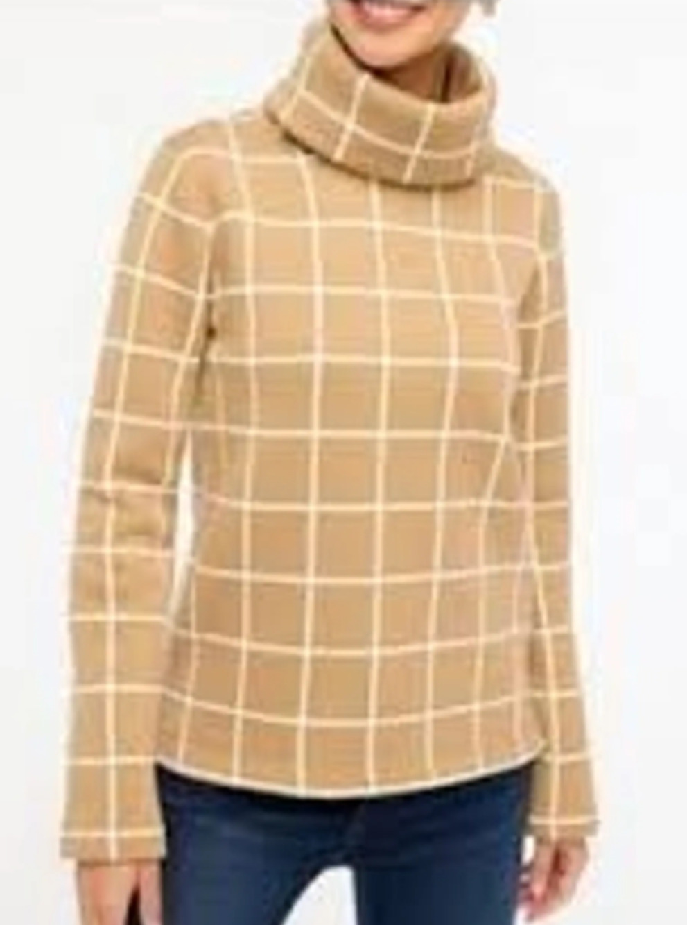 J.Crew tan window pane fleece lined cowl neck top Size XL Preppy Classic Career